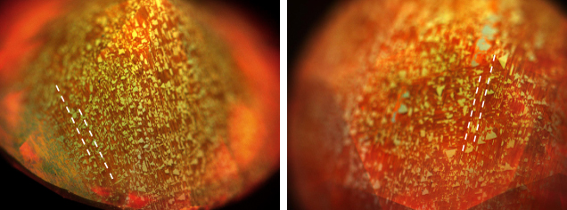 Figure 4. DiamondView images of pavilion and crown facets. The yellow and orange fluorescence, attributed to the NV0 and NV– nitrogen vacancy centers, follows the patterns dictated by the deformation of the crystal structure. Images by Paul Johnson. Figure 4. DiamondView images of pavilion and crown facets. The yellow and orange fluorescence, attributed to the NV0 and NV– nitrogen vacancy centers, follows the patterns dictated by the deformation of the crystal structure. Images by Paul Johnson.