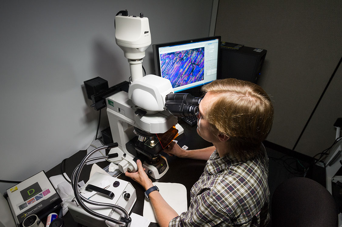 Photos of inclusions and other features can be taken at up to 1000 times magnification.​ Instrument pictured: Nikon Eclipse LV-100 microscope