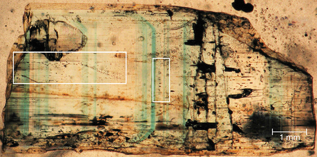Internal features of zoned emerald crystal Internal features of zoned emerald crystal