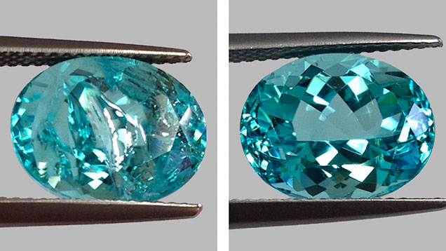 Paraíba tourmaline fissure before and after treatment