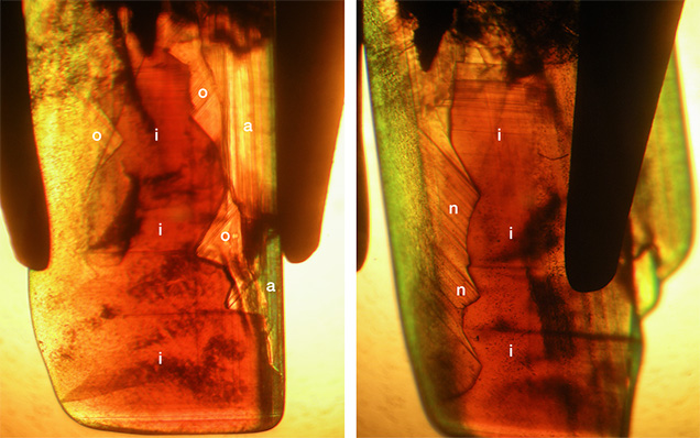 Growth zoning associated with sectorial color zoning in chrysoberyl Growth zoning associated with sectorial color zoning in chrysoberyl