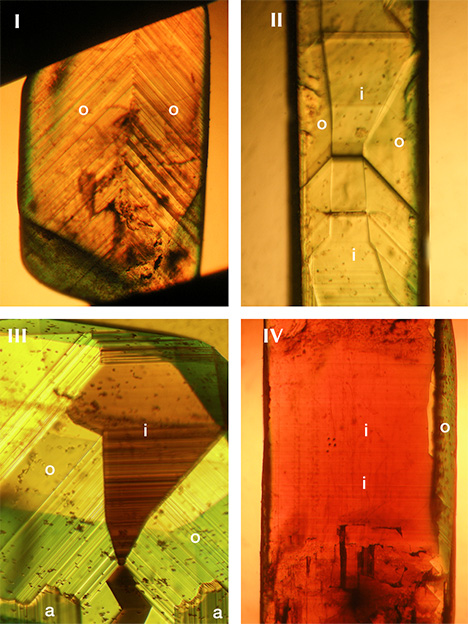 Growth zoning of chrysoberyl from New South Wales, Australia, groups I through IV Growth zoning of chrysoberyl from New South Wales, Australia, groups I through IV