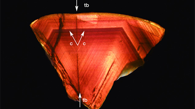 View of growth zoning in a twinned Australian chrysoberyl crystal View of growth zoning in a twinned Australian chrysoberyl crystal
