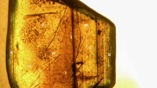 Growth zoning associated with sectorial color zoning in chrysoberyl Growth zoning associated with sectorial color zoning in chrysoberyl