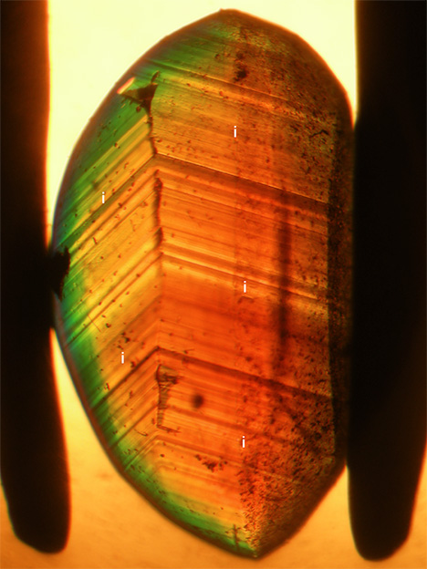 View in immersion of growth zoning of a chrysoberyl View in immersion of growth zoning of a chrysoberyl