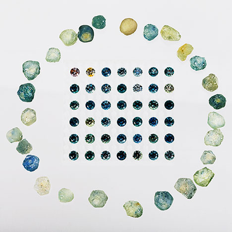 Colors of Montana sapphire.. Figure 2. As displayed by these rough and cut sapphires, Potentate’s sapphire production includes a wide variety of colors. Photo by Eric Welch/GIA, courtesy of Potentate Mining.
