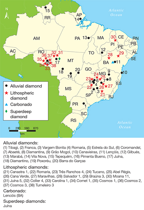 Map of Brazilian diamond mining areas. Figure 10. A map showing the distribution of various categories of diamonds found in Brazil. The name of the mining area is shown (with the abbreviation of the Brazilian state), preceded by its location number on the map.