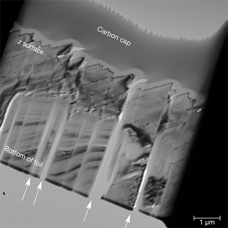 Brightfield TEM image of section of iridescent quartz face Brightfield TEM image of section of iridescent quartz face