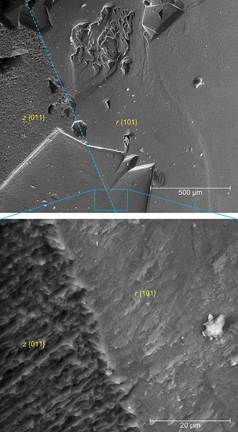 SEM images of iridescent z {011} and non-iridescent r {101} faces SEM images of iridescent z {011} and non-iridescent r {101} faces