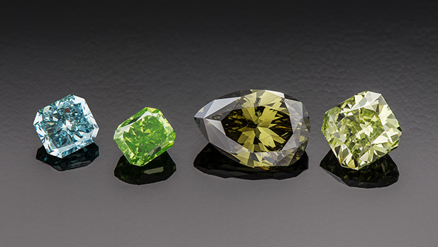 Ranges of hue in natural-color green diamonds. Ranges of hue in natural-color green diamonds.
