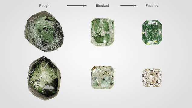 Green diamond appearance from rough to faceted. Green diamond appearance from rough to faceted.