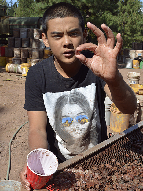 A local Native American teenager separating sunstone from ore at the Ponderosa claim A local Native American teenager separating sunstone from ore at the Ponderosa claim