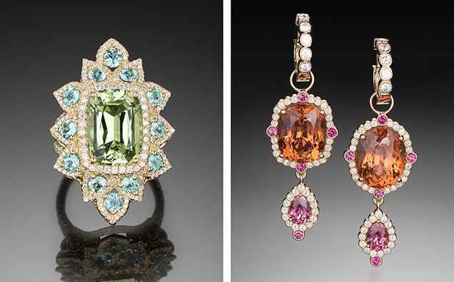 Colored stone ring and earrings designed by Erica Courtney