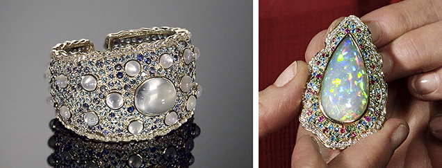 Moonstone cuff and opal pendant by Paula Crevoshay Moonstone cuff and opal pendant by Paula Crevoshay