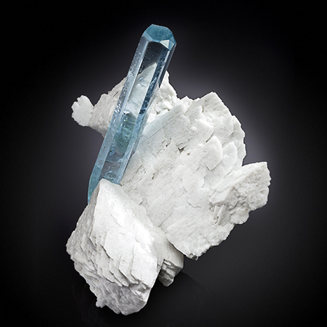 Aquamarine crystal on feldspar from Pakistan’s Shigar Valley. Aquamarine crystal on feldspar from Pakistan’s Shigar Valley.
