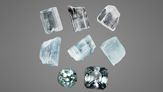 Rough and faceted aquamarine from the Shigar Valley. Rough and faceted aquamarine from the Shigar Valley.