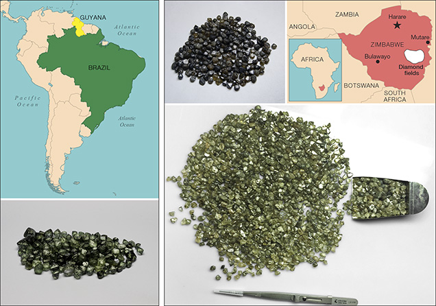 Green diamonds have been produced from Guyana and Brazil (left) as well as Zimbabwe (right). Green diamonds have been produced from Guyana and Brazil (left) as well as Zimbabwe (right).