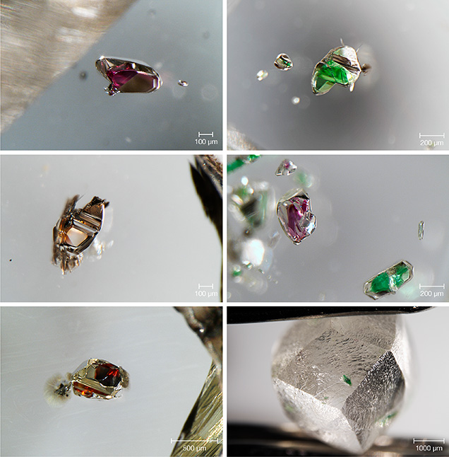 Orange-red-purple garnet and green clinopyroxene minerals can be analyzed for specific isotopes to help determine diamond ages. Orange-red-purple garnet and green clinopyroxene minerals can be analyzed for specific isotopes to help determine diamond ages.