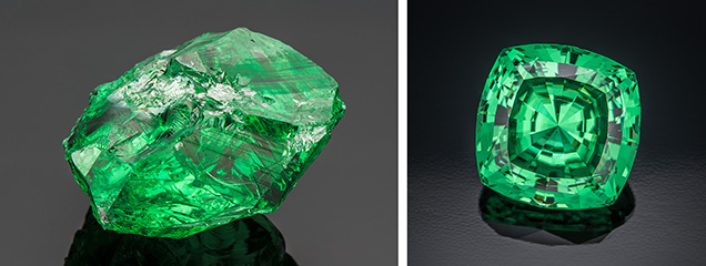 A 283.74 ct rough tsavorite (left) yielded this 11.674 ct square cushion-cut gem (right). A 283.74 ct rough tsavorite (left) yielded this 11.674 ct square cushion-cut gem (right).