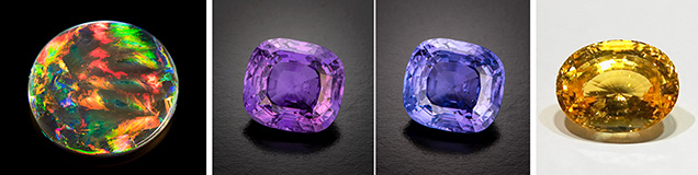 Black opal, color-change sapphire, and golden sapphire. Black opal, color-change sapphire, and golden sapphire.
