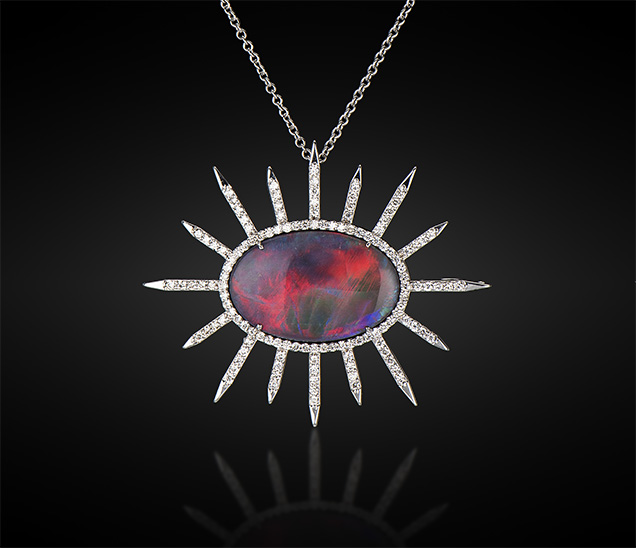 8.50 ct black opal and diamond necklace. 8.50 ct black opal and diamond necklace.