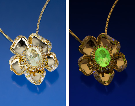 Fluorescent hyalite opal set in a yellow gold flower pendant. Fluorescent hyalite opal set in a yellow gold flower pendant.