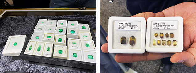 Selection of bright green fluorite and bicolor chrysoberyl. Selection of bright green fluorite and bicolor chrysoberyl.
