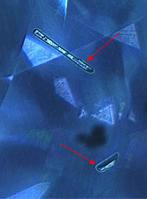 Green fluorescence halos around two cavity features. Green fluorescence halos around two cavity features.