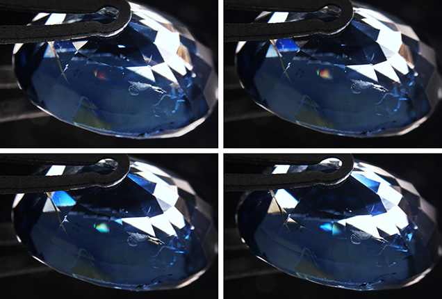 Phenomenon resembling play-of-color revealed while tilting the sapphire. Phenomenon resembling play-of-color revealed while tilting the sapphire.