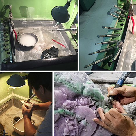 A carver works a jade piece on a jade grinding machine. A carver works a jade piece on a jade grinding machine.