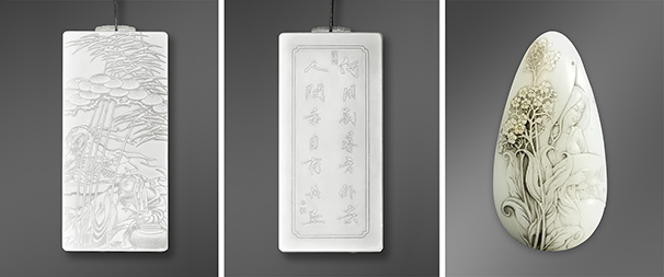 Three nephrite works by Yiwei Zhai. Three nephrite works by Yiwei Zhai.