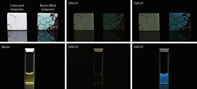 Fluorescence reactions of untreated turquoise, resin-filled turquoise, and resin Fluorescence reactions of untreated turquoise, resin-filled turquoise, and resin