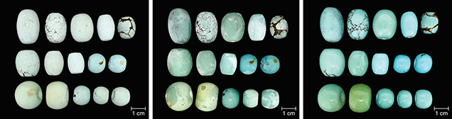 Variation in turquoise samples at different stages of resin filling Variation in turquoise samples at different stages of resin filling