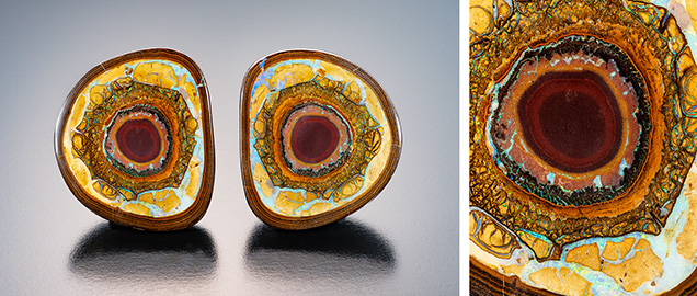A 312.6 ct Yowah boulder opal with detail shown on the right. A 312.6 ct Yowah boulder opal with detail shown on the right.