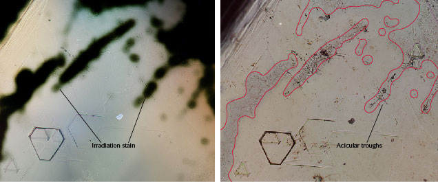 Green radiation stains on an unpolished diamond. Green radiation stains on an unpolished diamond.