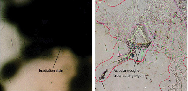 Magnified view of green radiation stain and acicular troughs. Magnified view of green radiation stain and acicular troughs.