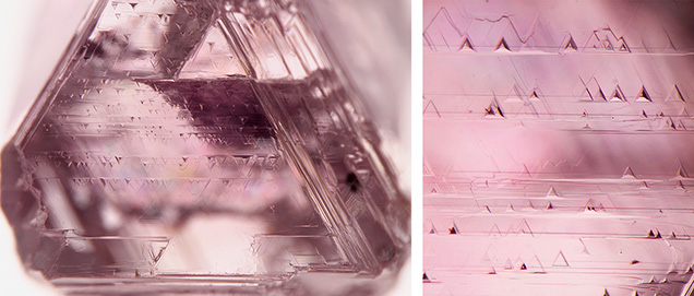 Figure 3. Left: A 0.31 ct pink octahedral diamond crystal with rows of negative trigons indicating that plastic deformation has taken place. Right: This close-up shows the horizontal rows of trigons marking the location of pink {111} glide planes approximately 1 μm thick. Photomicrographs by Evan M. Smith; fields of view 3.57 mm (left) and 0.71 mm (right).