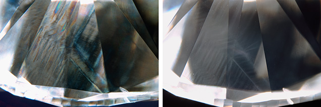 Figure 5. A natural type IIa diamond with evidence of plastic deformation. Examination with a microscope using crossed polarizing filters (left) reveals internal banding of dark/light and interference colors due to strain-related anomalous birefringence. In this diamond, the geometry of the banding correlates with the appearance of unusual whitish graining (right). The hazy whitish graining may be caused by plastic deformation. Photomicrographs by Evan M. Smith; field of view 4.79 mm.