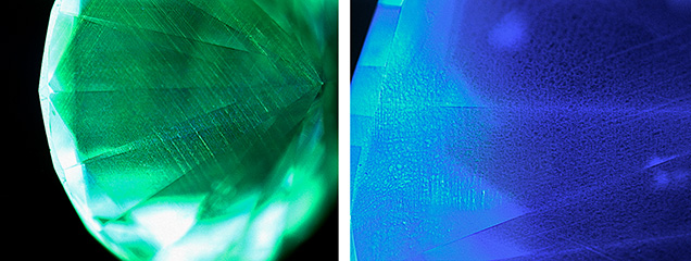 Figure 6. Deep UV fluorescence images of deformation features. Left: Deformation lines in the pavilion of a round brilliant diamond, with two distinct sets of parallel lines that trace out octahedral or {111} slip planes. Right: A dislocation network pattern, appearing as a dark mesh against a bright background in the left portion of the diamond but as a bright mesh against a dark background toward the right. Images by Evan M. Smith; field of view is 4.66 mm.