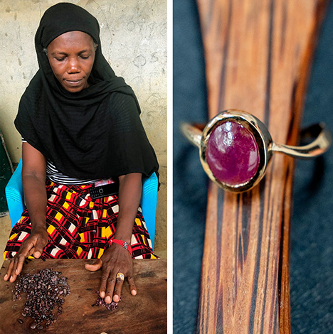 Figure 2. Left: One of the Liberian diamond miners displays some of the rubies she found while digging. Right: A ring mounted with a Liberian ruby. Photos by Diamonds for Peace (left) and Alex Herbert (right).