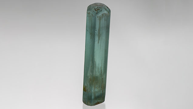 Figure 1. A 155 g aquamarine crystal containing a liquid and gas bubble inclusion. The crystal measures 11.9 cm long and the inclusion 4.3 cm long. Photo by Robert Weldon; courtesy of Kreis Jewellery GmbH.