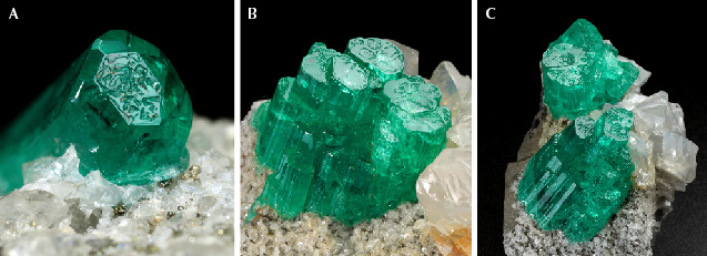 Figure 12. Emeralds with surface indentations on the basal face, developed as either a single crystal (A: sample 11, 4.1 mm in largest diameter) or as aggregates of parallel emerald crystals (B and C: samples 12 and 13 with crystal length up to 12.5 mm and 16.5 mm, respectively). Photos by G. Martayan. Figure 12. Emeralds with surface indentations on the basal face, developed as either a single crystal (A: sample 11, 4.1 mm in largest diameter) or as aggregates of parallel emerald crystals (B and C: samples 12 and 13 with crystal length up to 12.5 mm and 16.5 mm, respectively). Photos by G. Martayan.