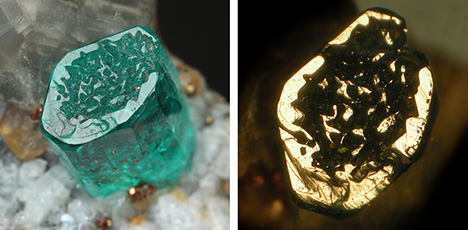 Figure 14. Left: Sample 14 (6.0 mm in largest diameter), a crystal with an almost continuous rim surrounding growth areas ending in small basal faces, but at a different height along the c-axis compared to the horizontal surface of the rim. Right: Reflective areas of the rim and the small columns inside this rim ending in tiny crystal faces parallel to the basal pinacoid. Photos by G. Martayan (left) and K. Schmetzer (right). Figure 14. Left: Sample 14 (6.0 mm in largest diameter), a crystal with an almost continuous rim surrounding growth areas ending in small basal faces, but at a different height along the c-axis compared to the horizontal surface of the rim. Right: Reflective areas of the rim and the small columns inside this rim ending in tiny crystal faces parallel to the basal pinacoid. Photos by G. Martayan (left) and K. Schmetzer (right).