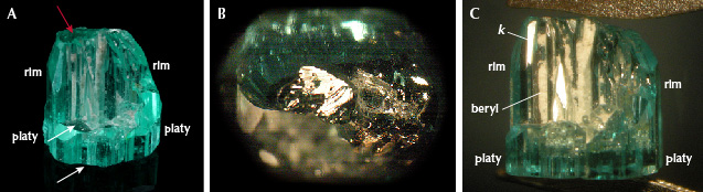 Figure 19. A: Sample 19 (7.8 mm in length), an emerald crystal in the form of a half cup developed with two parts: as a platy part with lower and upper basal pinacoid (white arrows) and an upper curved rim surrounding about half of the area of the platy part; this rim is terminated by a small basal face (red arrow). B: Stepped surface of the basal face on top of the horizontal surface of the rim. C: View of the inner surface of the circular rim on top of the platy part, in this orientation with reflective steep k hexagonal dipyramids, the elongated cavities are filled with fine-grained white beryl. Photos by G. Martayan (A) and K. Schmetzer (B and C); field of view 14.5 mm (B). Figure 19. A: Sample 19 (7.8 mm in length), an emerald crystal in the form of a half cup developed with two parts: as a platy part with lower and upper basal pinacoid (white arrows) and an upper curved rim surrounding about half of the area of the platy part; this rim is terminated by a small basal face (red arrow). B: Stepped surface of the basal face on top of the horizontal surface of the rim. C: View of the inner surface of the circular rim on top of the platy part, in this orientation with reflective steep k hexagonal dipyramids, the elongated cavities are filled with fine-grained white beryl. Photos by G. Martayan (A) and K. Schmetzer (B and C); field of view 14.5 mm (B).