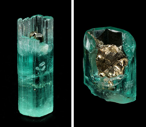 Figure 20. Emerald crystals in the form of incomplete cups with pyrite crystals at the bottom of the cavities, which are surrounded by incomplete rims. Sample 20 on the left is 13.0 mm in length, and sample 21 on the right is 9.0 mm in length. Photos by G. Martayan. Figure 20. Emerald crystals in the form of incomplete cups with pyrite crystals at the bottom of the cavities, which are surrounded by incomplete rims. Sample 20 on the left is 13.0 mm in length, and sample 21 on the right is 9.0 mm in length. Photos by G. Martayan.