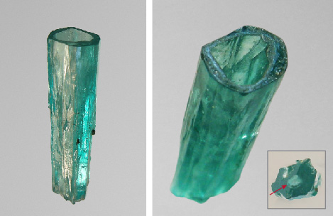 Figure 21. Emerald crystal (sample 22, 14.4 mm in length) in the form of a slightly conical hollow tube (left), with openings at both ends (right). The lower end of the crystal (right, inset) was cut artificially and shows a hole (arrow). Photos by K. Schmetzer. Figure 21. Emerald crystal (sample 22, 14.4 mm in length) in the form of a slightly conical hollow tube (left), with openings at both ends (right). The lower end of the crystal (right, inset) was cut artificially and shows a hole (arrow). Photos by K. Schmetzer.