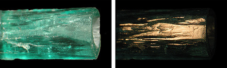 Figure 22. The surface of sample 22 is partially dissolved by corrosion—i.e., no clear reflective plane is seen. The same area of the crystal is shown in transmitted light (left) and in reflected light (right). Photos by K. Schmetzer; field of view 9.5 mm. Figure 22. The surface of sample 22 is partially dissolved by corrosion—i.e., no clear reflective plane is seen. The same area of the crystal is shown in transmitted light (left) and in reflected light (right). Photos by K. Schmetzer; field of view 9.5 mm.