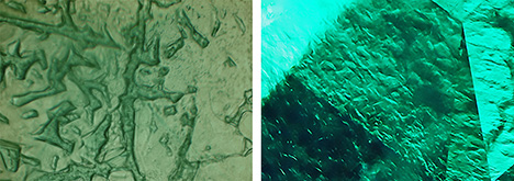 Figure 24. Patterns seen in faceted Colombian gota de aceite emeralds display numerous irregular hillocks, columns, or walls. The left image is viewed in immersion, parallel to the c-axis. Photomicrographs by K. Schmetzer (left) and M.P.H. Curti, Bellerophon Gemlab (right); fields of view 1.9 mm (left) and 1.6 mm (right). Figure 24. Patterns seen in faceted Colombian gota de aceite emeralds display numerous irregular hillocks, columns, or walls. The left image is viewed in immersion, parallel to the c-axis. Photomicrographs by K. Schmetzer (left) and M.P.H. Curti, Bellerophon Gemlab (right); fields of view 1.9 mm (left) and 1.6 mm (right).