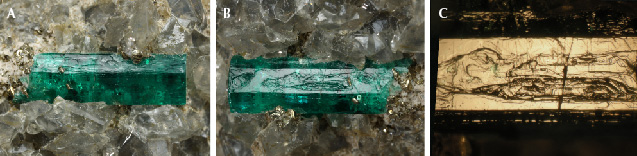 Figure 4. A and B: In sample 1 (11.8 mm in length), stepped surface structures on different prismatic m faces of a Colombian emerald crystal represent layered growth in subsequent growth steps. C: Best observation of such layered stepped growth structures is achieved in reflected light. Photos by G. Martayan (A and B) and K. Schmetzer (C; field of view 6.0 mm). Figure 4. A and B: In sample 1 (11.8 mm in length), stepped surface structures on different prismatic m faces of a Colombian emerald crystal represent layered growth in subsequent growth steps. C: Best observation of such layered stepped growth structures is achieved in reflected light. Photos by G. Martayan (A and B) and K. Schmetzer (C; field of view 6.0 mm).