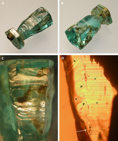 Figure 9. A and B: Sample 8 (9.8 mm in length), an emerald crystal with conical shape and a tabular part, with a pyrite crystal attached to the tabular part. C: Growth steps on the surface of the conical part of the crystal. D: Viewed in immersion, internal growth planes parallel to the basal face c and parallel to the hexagonal dipyramids p and u, as well as a three-phase inclusion with two salt cubes and one gas bubble in a liquid-filled cavity (arrow); the c-axis runs vertically. Photos by K. Schmetzer; fields of view 5.7 mm (C) and 2.2 mm (D). Figure 9. A and B: Sample 8 (9.8 mm in length), an emerald crystal with conical shape and a tabular part, with a pyrite crystal attached to the tabular part. C: Growth steps on the surface of the conical part of the crystal. D: Viewed in immersion, internal growth planes parallel to the basal face c and parallel to the hexagonal dipyramids p and u, as well as a three-phase inclusion with two salt cubes and one gas bubble in a liquid-filled cavity (arrow); the c-axis runs vertically. Photos by K. Schmetzer; fields of view 5.7 mm (C) and 2.2 mm (D).